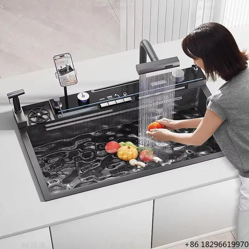 Hot Sale Multifunction Black Extended Kitchen Sink Waterfall Digital Display With Phone Stand Smart Design