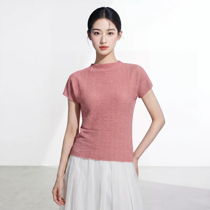 Miyake Pleated 2026 New Short Sleeve Top for Women Pullover Shirt with Rhinestones Lightweight Fashionable Versatile T-Shirt