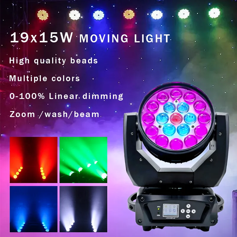 Luces con cabezales móviles de lavado con haz con zoom de 19x15W para efectos de iluminación de escenario, LED y control de DJ DMX en discotecas y discotecas