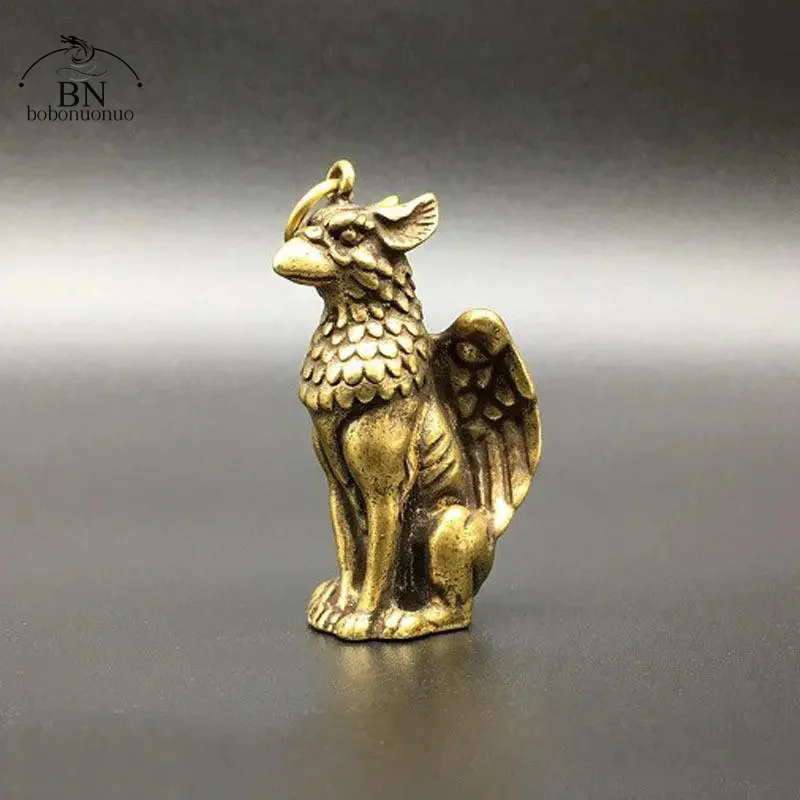 Soild Copper Mythical Animals Bird Head Wings Beast Body Pendants Brass Ornaments Key Chain Hanging Trinket Small Bronze Statue