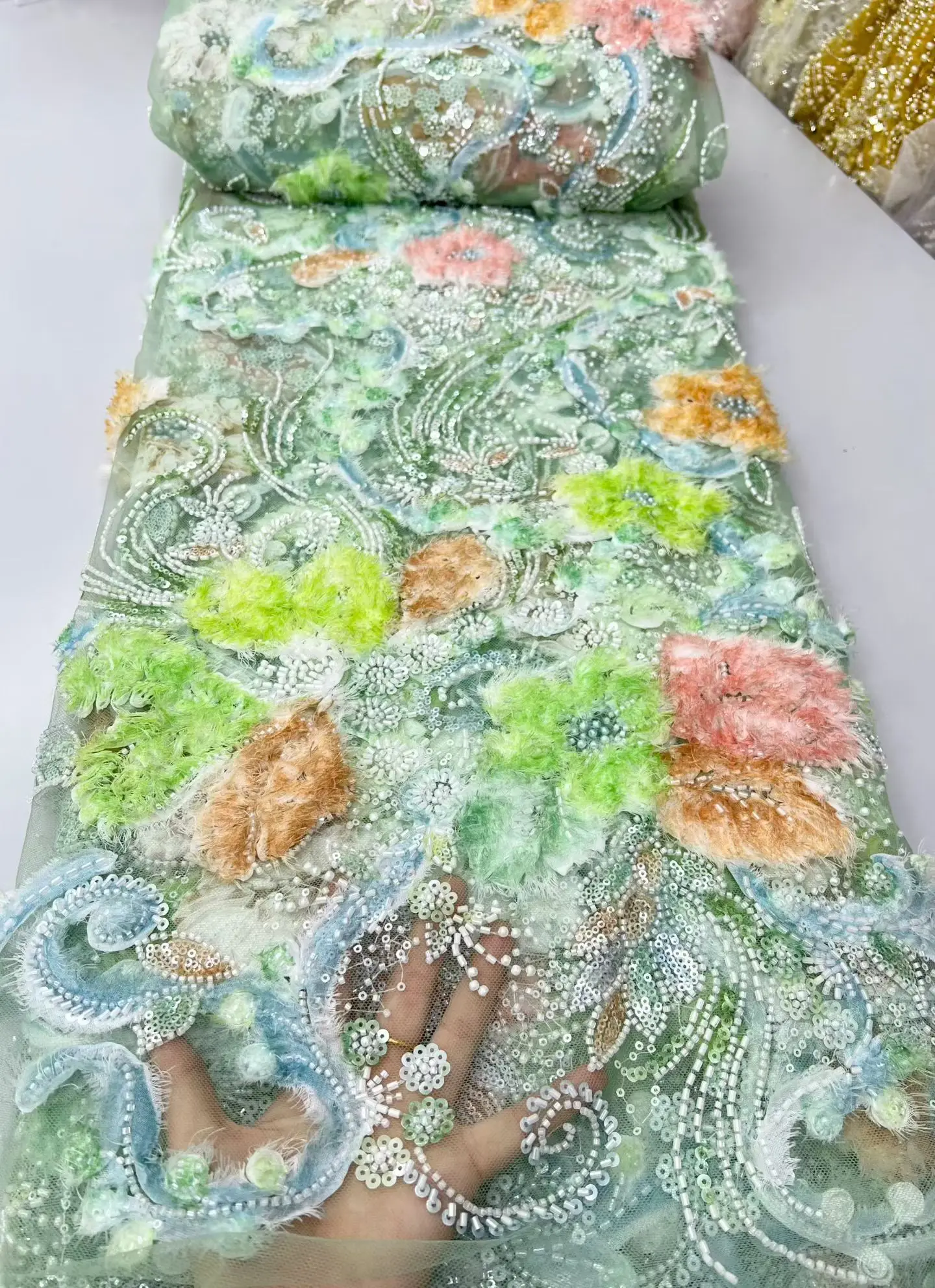 5 Yard African Beads Groom  lace Blue Fabric High Quality Sequin Embroidery French Tulle Laces For Nigeiran Party Sewing Hm248-1