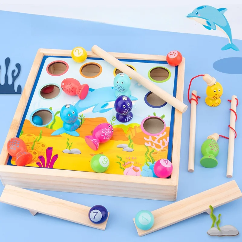 

Children's early education, intellectual fishing toys, games, magnetic numbers, solid wooden fish