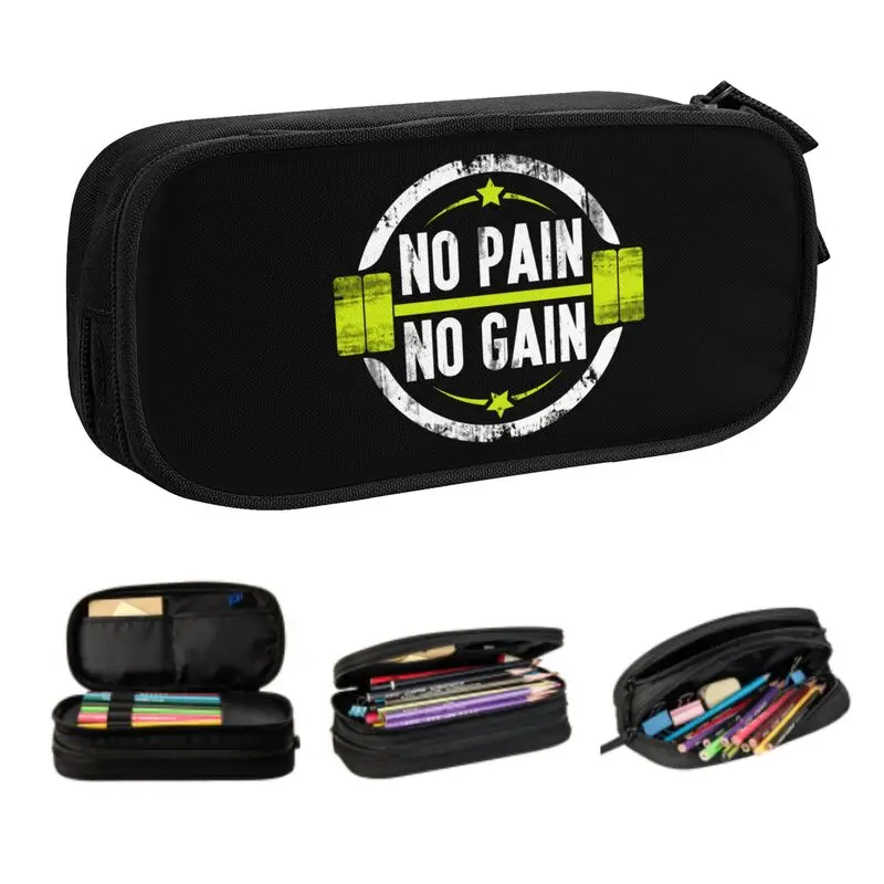 Custom Kawaii No Pain No Gain Pencil Case for Girls Boys Large Capacity Bodybuilding Fitness Gym Pencil Pouch School Supplies