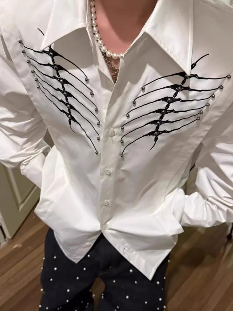 Csa Masculina Azul Bordada de Manga Longa Design Cleanfit Primavera com Costura de Rebite Olho de  Casual Ajuste Solto