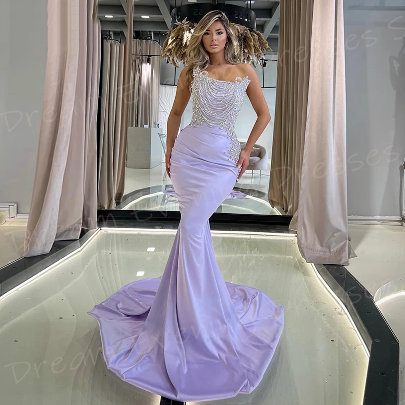 Abiti da sera da donna Sexy a sirena viola popolari abiti da ballo senza maniche senza spalline graziosi abiti da cerimonia con perline Vestido De Noche