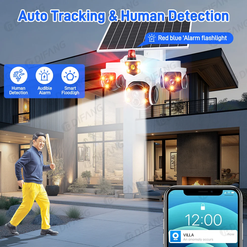 DIFANG Wireless WiFi Solar Camera Three Screen 4G Sim Card Solar CCTV Three Lens Waterproof V380 Pro Solar Video Surveillance