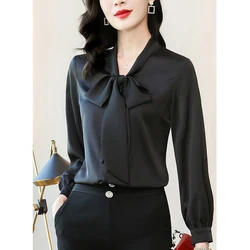 Spring Summer Oversized Elegant Fashion Solid Color Bow Shirt Ladies Long Sleeve Temperament All-match Blouse Femme Cardigan Top