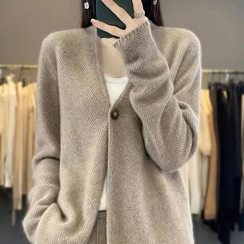 Cashmere Cardigan Sweater for Loose Casual V-Neck Women A Button Autumn Winter New  Solid Color Soft Knitted Woolen Top 2024