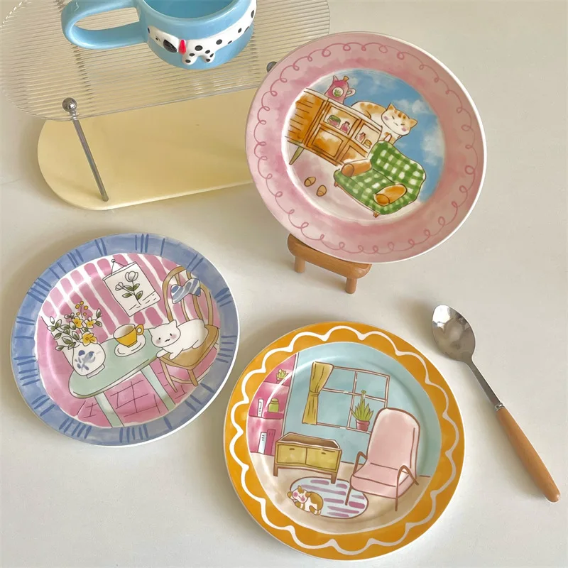 Cute Cartoon Ceramic Plate, High-value Household Tableware Dessert Plate, Breakfast Salad Flat Plate Dinner Plates Tableware