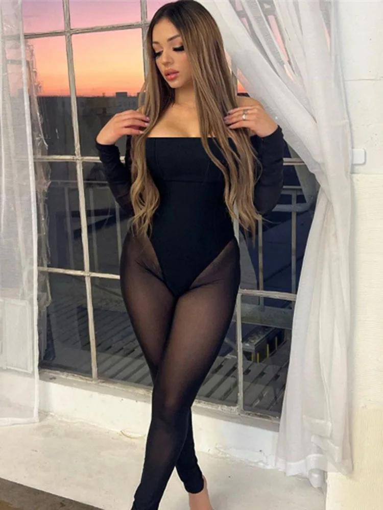 

Sibybo Thin Lace Jumpsuits Sexy See Through One Line Neck Off Shoulder Backless Mesh Spliced High Waist Tight Fit Jumpsuit