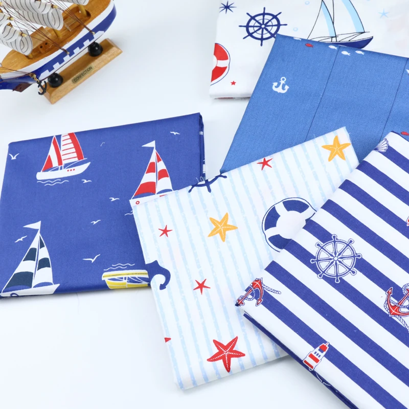 50*160cm Sailboat Printed 100% Cotton Fabric Meters For Children's Skirt Dresses Bed Sheet Sewing Cloth Telas D30