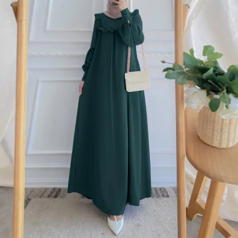 2023 Eid Muslim Robe Women Solid Color Long Sleeve Dress Kaftan Dresses Jalabiya Ramadan Abayas Caftan Elegant Vestidos