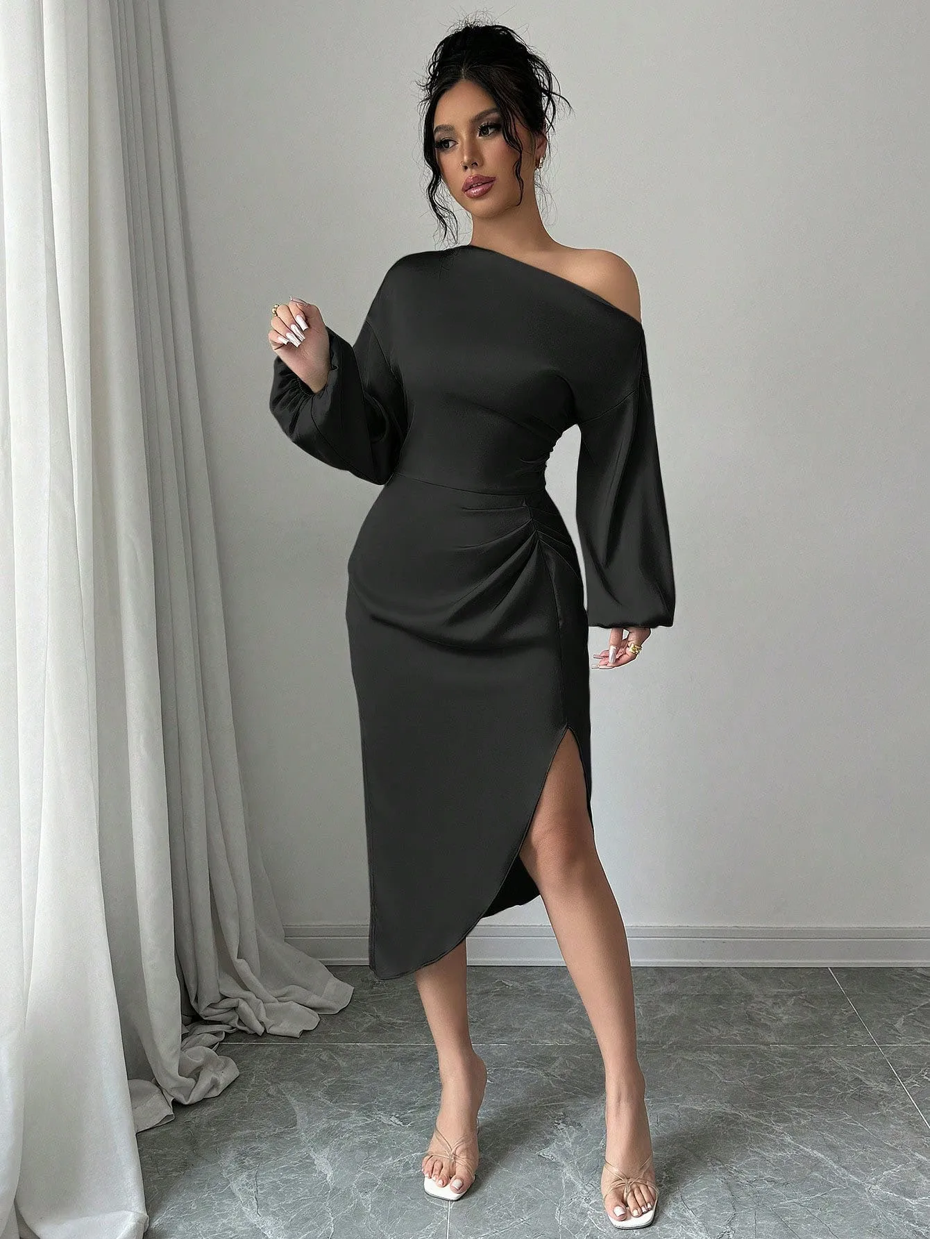 Prom Dress Wedding Guest Party Off Shoulder Puff Sleeve Dresses Solid Black Wrap Detail Evening Dress Side Slit Maxi Dress - view 3