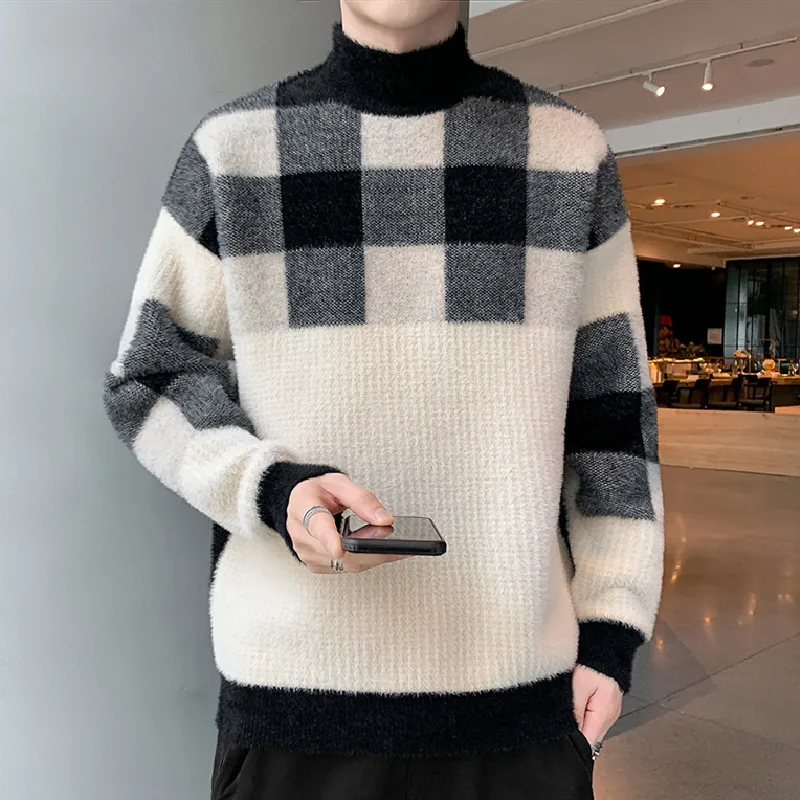 

Fashion Half High Collar Knitted Spliced Lattice Korean Sweater Men's Clothing 2023 Autumn New Casual Pullovers Loose Warm Tops