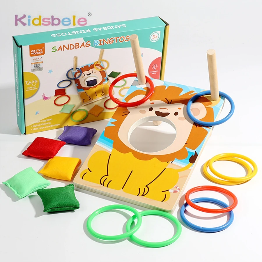 Montessori Kids Wooden Ring Throwing Sandbag Game 2 in 1 Hand-Eye Coordination Skill Multiplayer Puzzle Game Indoor Outdoor Toy