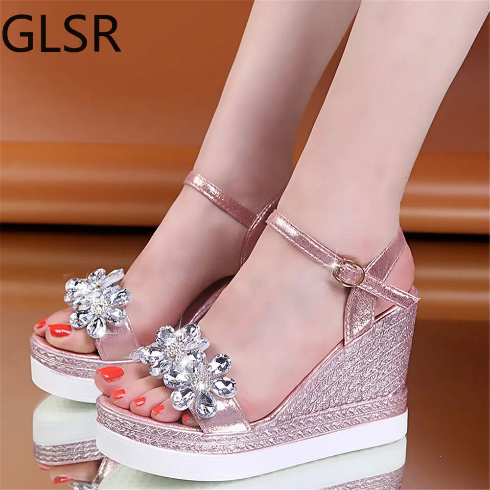 Female Fashion Flower Open Toe Sandals Dress Silver Sandals Women Rhinestone Wedges Platform Party Shoes Woman Platform Shoes