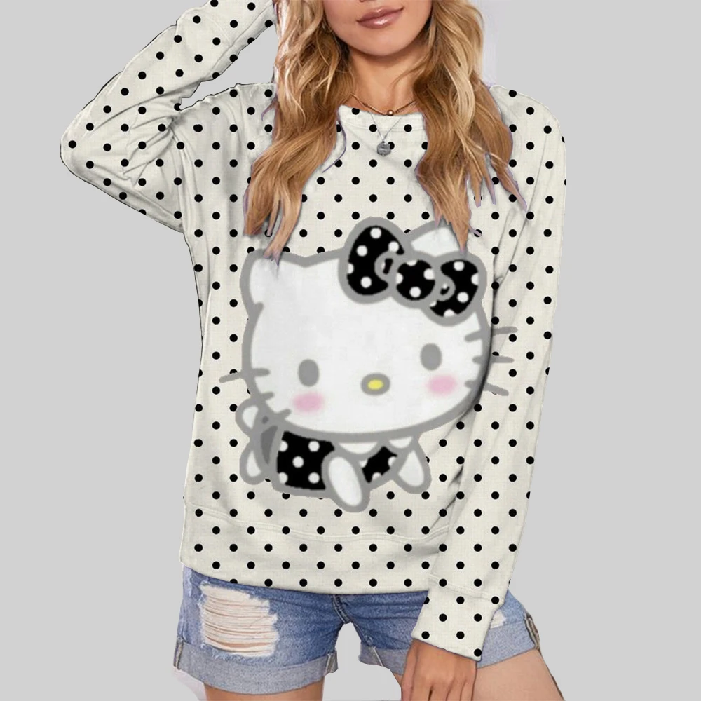 Hello Kitty Cartoon Anime Women Pullover Spring Autumn Men Round Neck Hoodie Clothes 2024 New Fashion Couple Sweatshirt Tops