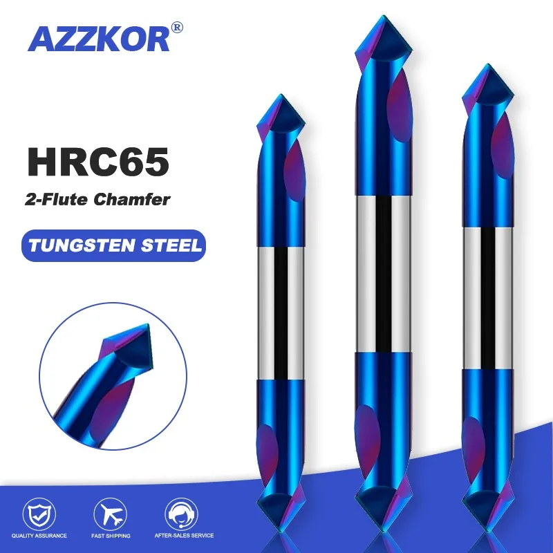 

AZZKOR HRC65 2-Flute Tungsten Steel Carbide Double Headed Point Drill Blue Nano Coating CNC Chamfer Milling Cutter Tools