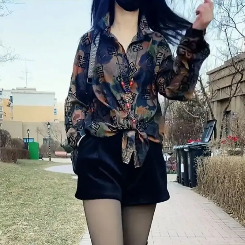 Estilo artístico gola polo camo impresso camisa primavera outono casual solto algodão linho topos temperamento roupas da moda para mulher