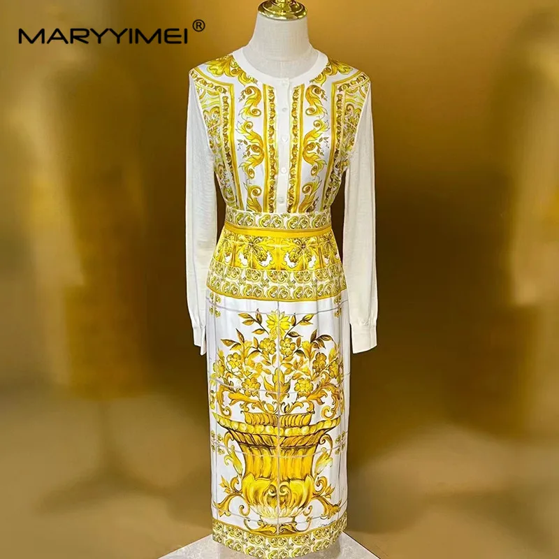 MARYYIMEI Spring Summer Women's Suit Scarf Collar Lantern Sleeved Tops+Slim Wrap Half Skirt Baroque Print silk 2 piece set