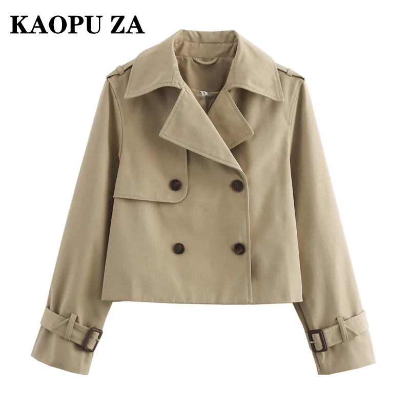 

KAOPU ZA 2024 New Autumn Ladies Vintage Double Breasted Cropped Trench Coat Women's Solid Short Jacket Lapel Collar Windbreaker