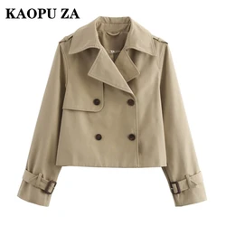 KAOPU ZA 2024 New Autumn Ladies Vintage Double Breasted Cropped Trench Coat Women's Solid Short Jacket Lapel Collar Windbreaker