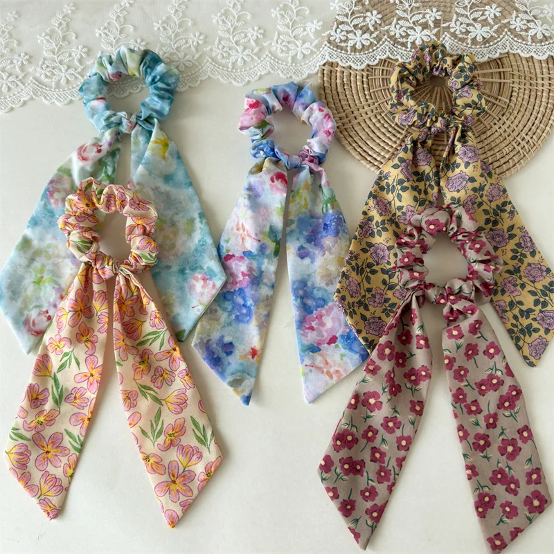 Summer new color printing oil painting ponytail streamer hair band hair tie headgear