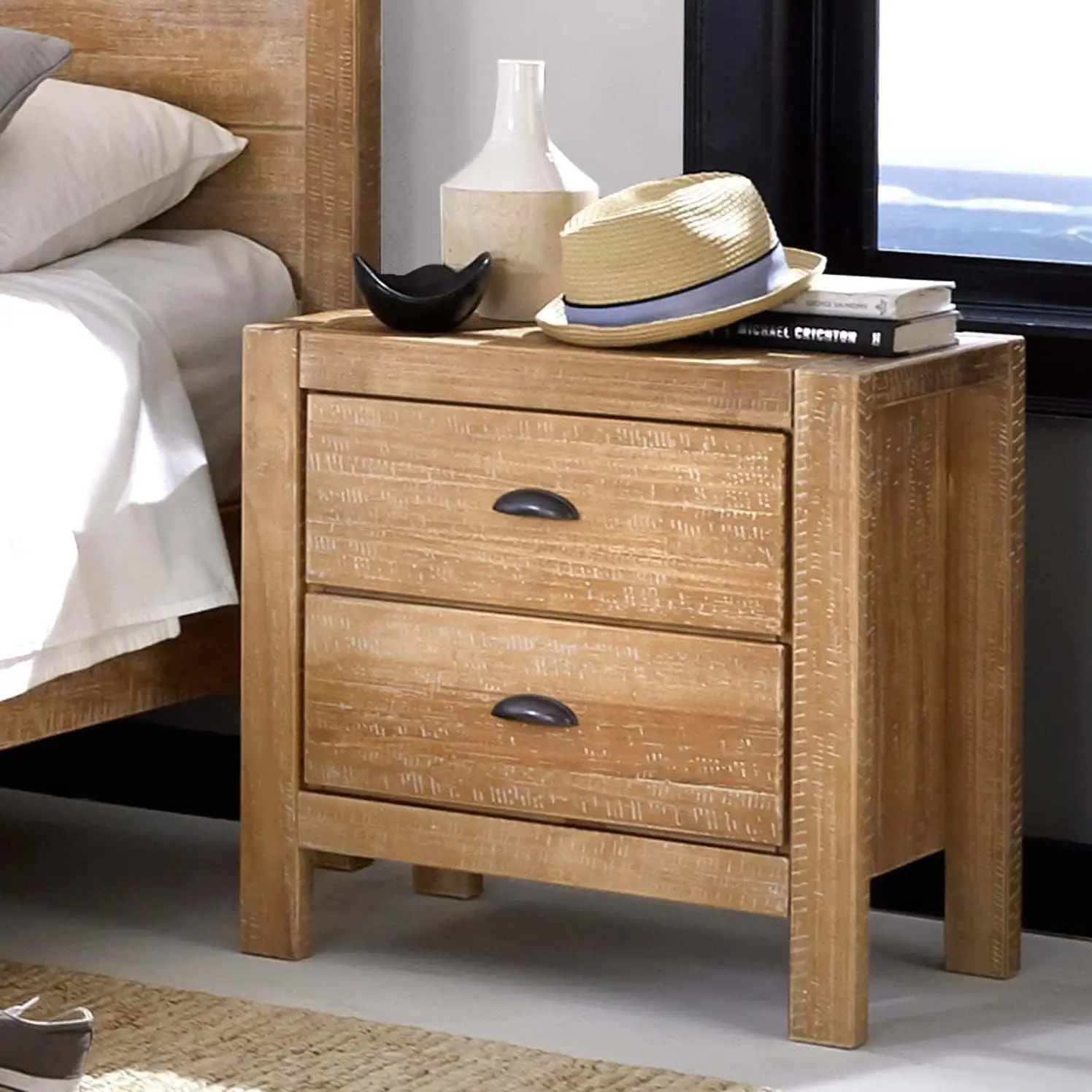 2 Drawer Bedside Nightstand Solid Wood with Driftwood Finish Drawers Feature Metal Glides and Replaceable Rustic Metal Pulls