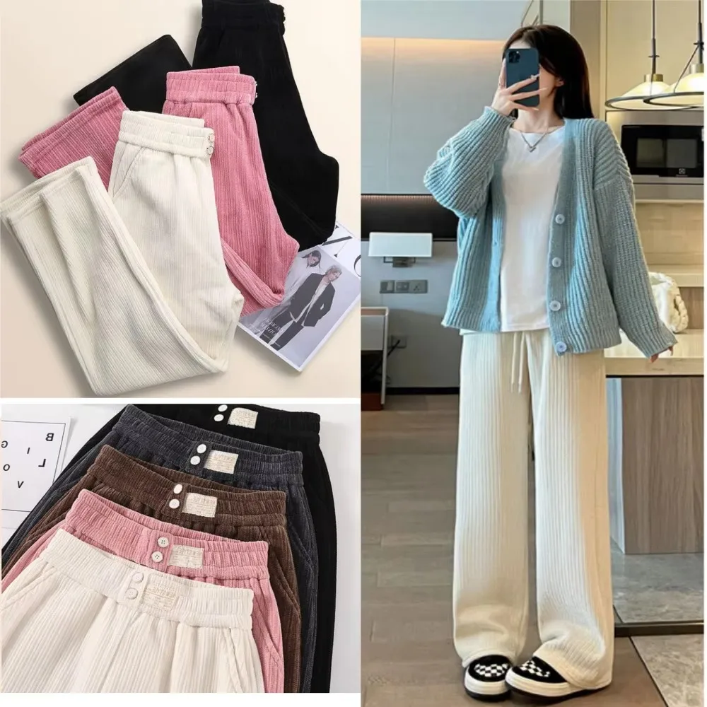 

Thin/Thick Winter Lined Wide Leg Pants CasualThicken Warm Baggy Sweatpants Women HighWaist Korean Lamb Fluff Straight Pantalones