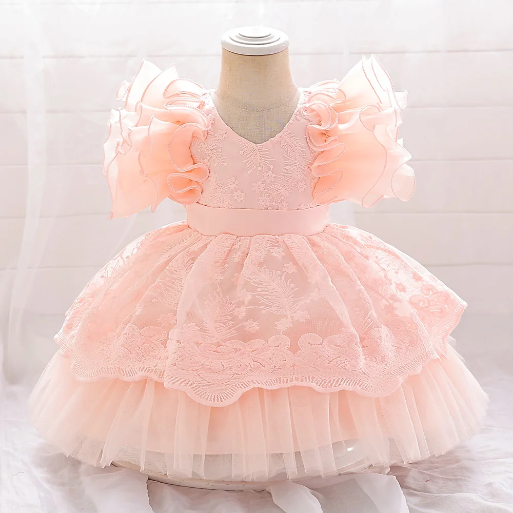 Baby Girl Fluffy Princess Dress Party Gown Toddler Girls Wedding Lace Dresses Kids 1st Birthday Tutu Clothes Children Flash Wear