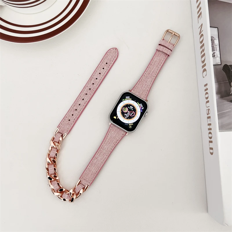 Metal chain + Leather denim strap for Apple Watch 9 6 8 SE 7 Band 45mm 40/44mm Dual loop wristband iwatch Series 41mm49mm