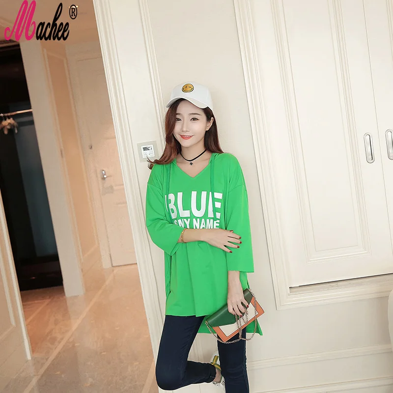 Korean Style Women Tops Casual Long Sleeve V-Neck Split Cotton Sweatshirts Pullovers Loose Size Long Green Hoodied