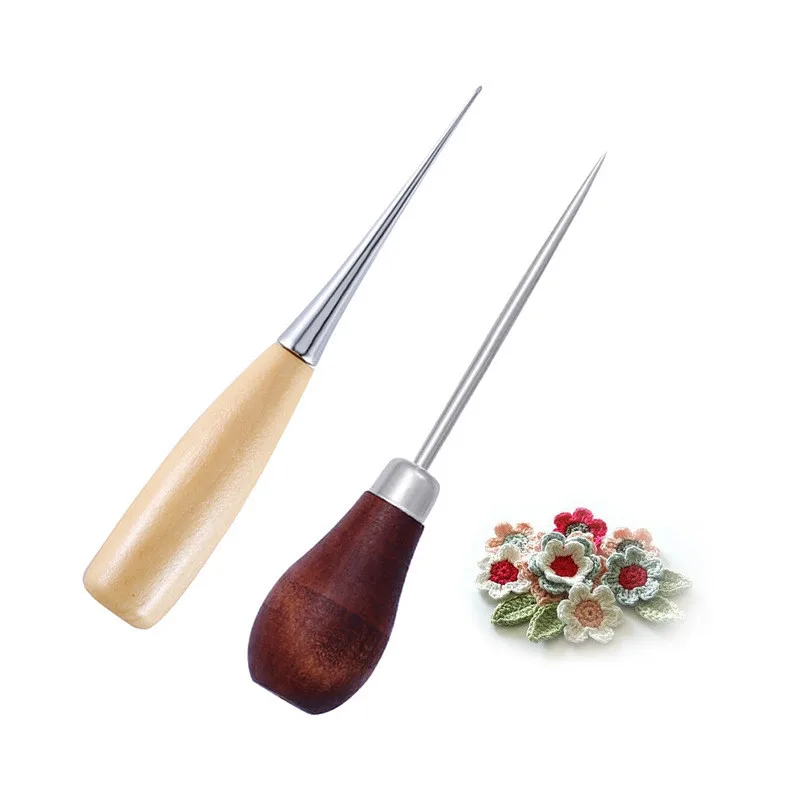 1/2pcs Wooden handle awl DIY knitting tools straight cone bent cone needle drill tool leather repair shoes
