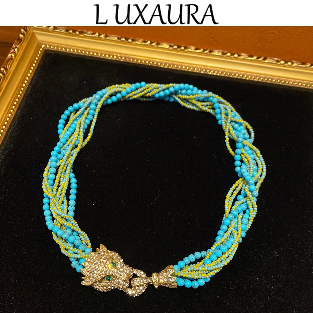 

Vintage fashion classic copper plated 18K blue natural turquoise paired with bohemian women's jewelry necklace