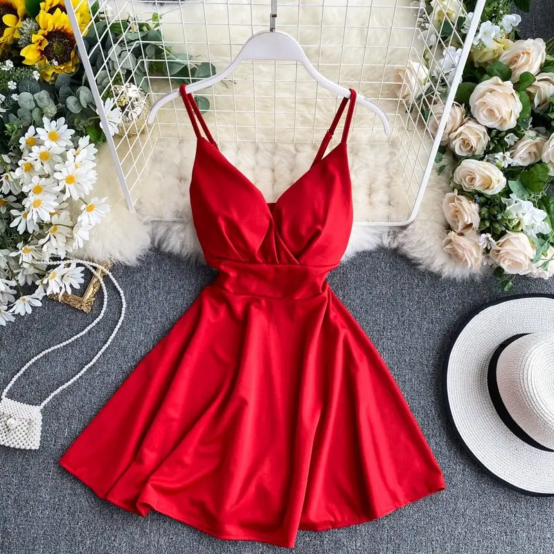 

Women A-line Sexy Dress V-Neck Spaghetti Strap Backless Mini Dresses Korean Solid Color Vestidos Y2k Slim High Waist Robe Платье