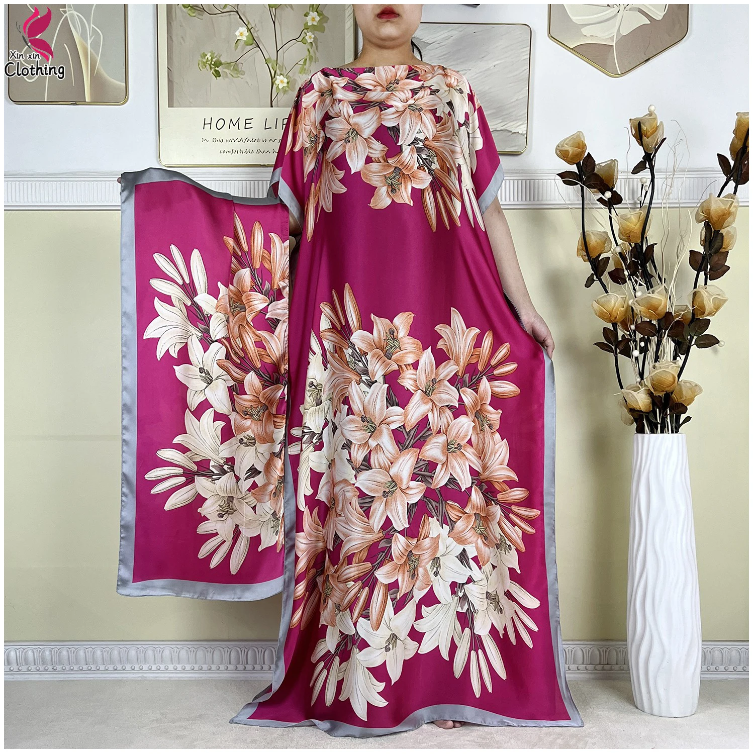 Nouvelle mode Robe d'été tissu en soie dubaï turquie caftan musulman ample Abaya femmes Dashiki africain décontracté imprimé fleuri Robe ample