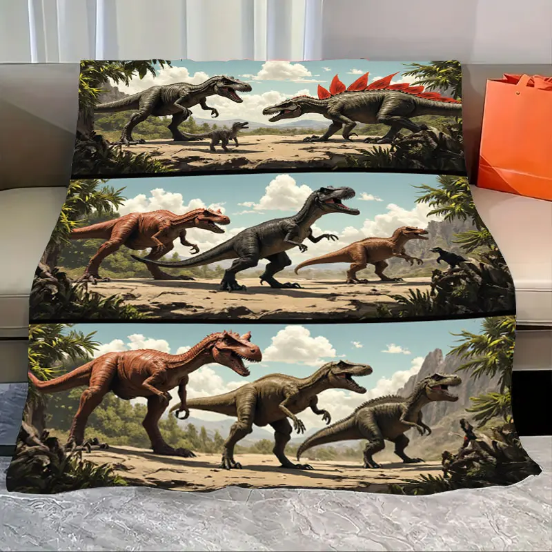 

1pc Flannel Blanket Dinosaur Adventure Fleece Blanket - Prehistoric Scene for Kids Room Decor
