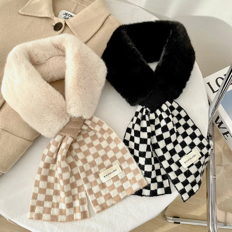 2022 New Designer Winter Warm Faux Rabbit Fur Collar Scarf Ring Women Luxury Plaid Knitted Snood Scarves for Ladies Neckerchiefs