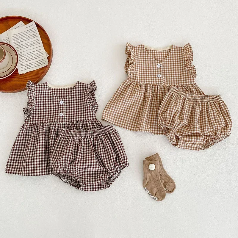 2025 New Summer Korean Style Infant Baby Girl Clothes Suit Sleeveless Cotton Lattice Vest+PP Shorts 0-3Yrs Children Clothes Set