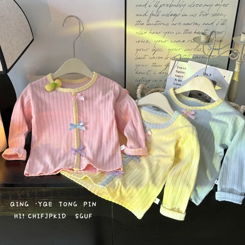 New Baby Spring Autumn Butterfly Casual Bow Inner Layer Top Girls Knit Shirt Children Soft Comfortable Campus Casual Wear Kids