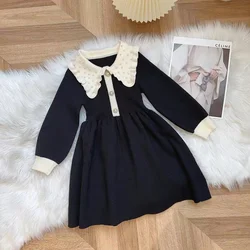 2024 New Baby Girls Knitted Sweaters Dress Elegant Girl Kids Beaded Collar Knit Dresses Children Autumn Winter Clothes Vestidos