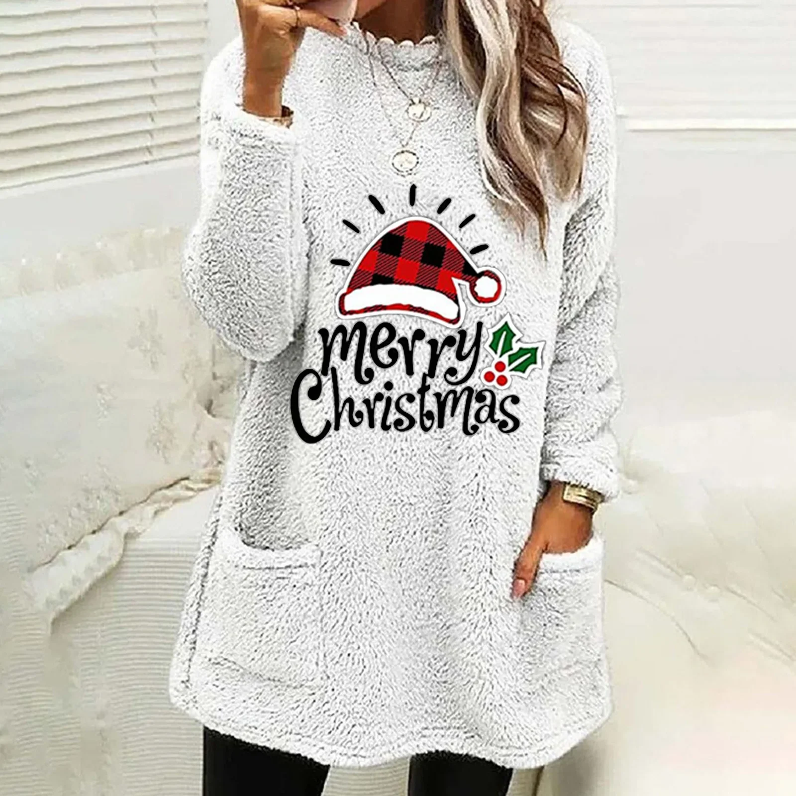 Christmas Fluffy Women Hoodie Casual Pullover Autumn Winter Pocket Tops Women Korean Fashion Sweatshirts Winter Clothes Women