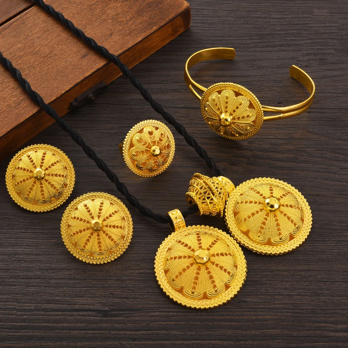 Ethiopian Jewelry sets Pendant Earrings Bangle Ring 4-Piece Sets African Eritrean Wedding Engagement Ethnic Gifts #058