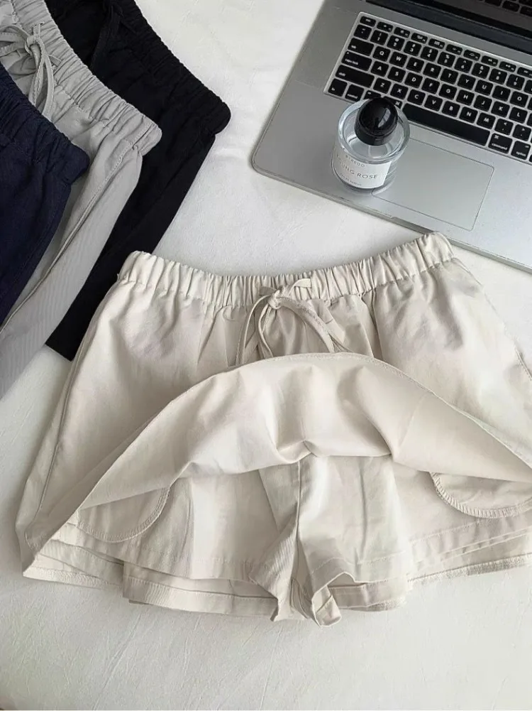 Summer Korean Fashion High Street Stretch Waist Drawstring Skirt Harajuku Preppy Style Casual Jupe Cute Casual Skirts