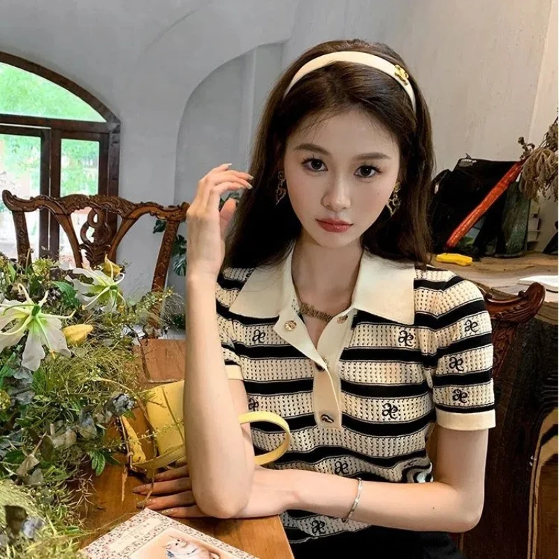 Hollow Out Embroidery Letter Loose Tops Summer New Polo Neck Striped Knitting Korean T Shirts Fashion Casual Women Clothing