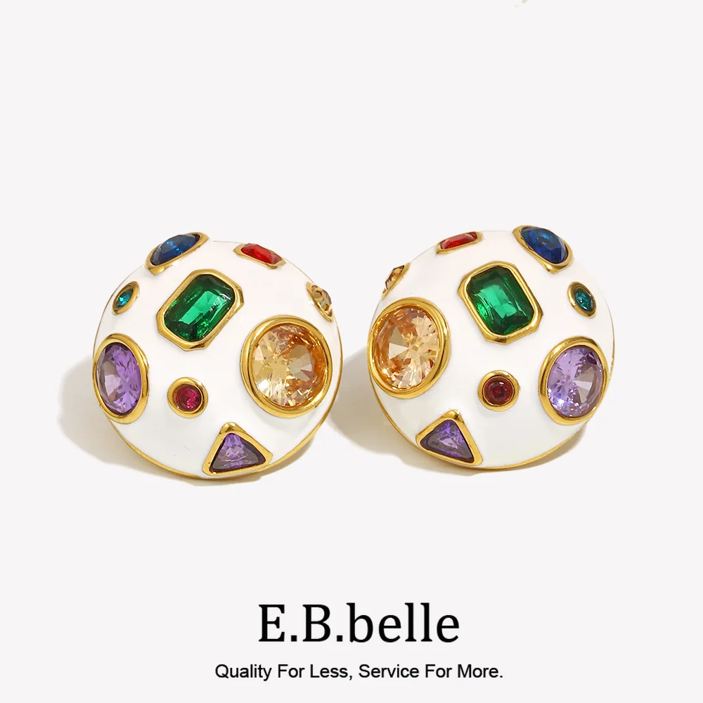 E.B.belle Pendientes esféricos de circonio de color geométrico con esmalte blanco, chapado en oro de 18 quilates, regalo, pendientes de mujer de acero inoxidable 316L