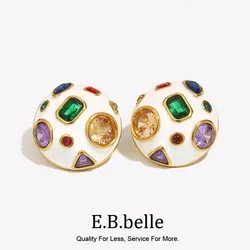 E.B.belle White Enamel Geometric Colored Zirconium Spherical Earrings 18K Gold Plated Gift 316L Stainless Steel Women's Earrings