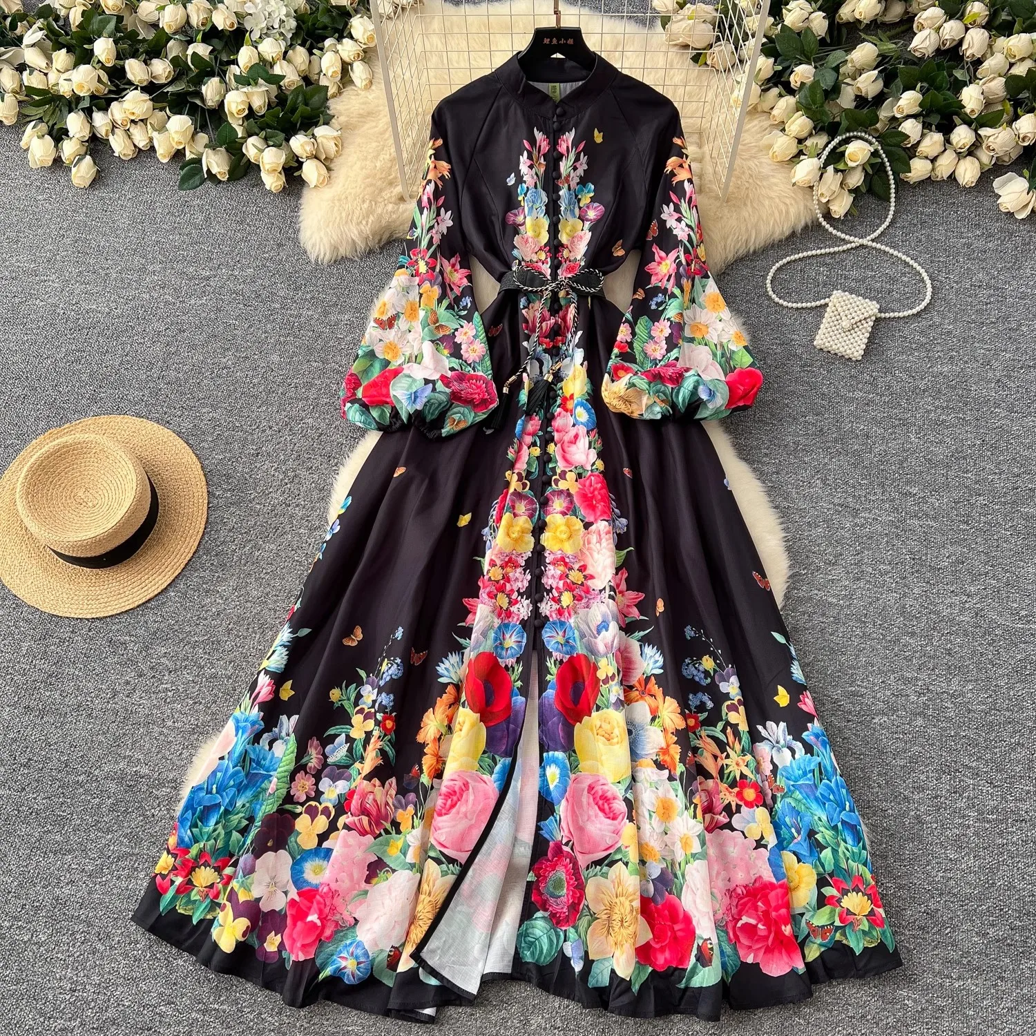 Primavera Autunno Vacanza Fiore Boho Abito da donna Stand Lanterna Manica Cintura A-Line Beach Party Vestido Bottoni Up Maxi vestiti