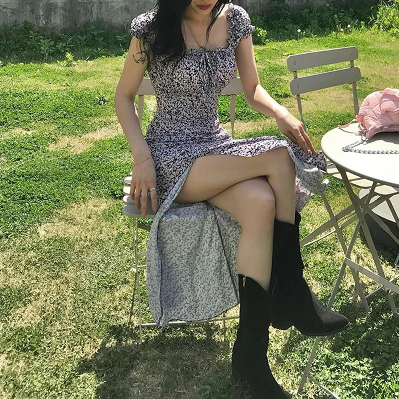 

Bohemian Fashion Maxi Dress For Women New Summer Print Short Sleeve Slim Sexy Split Dresses Casual Streetwear Elegant Partywear