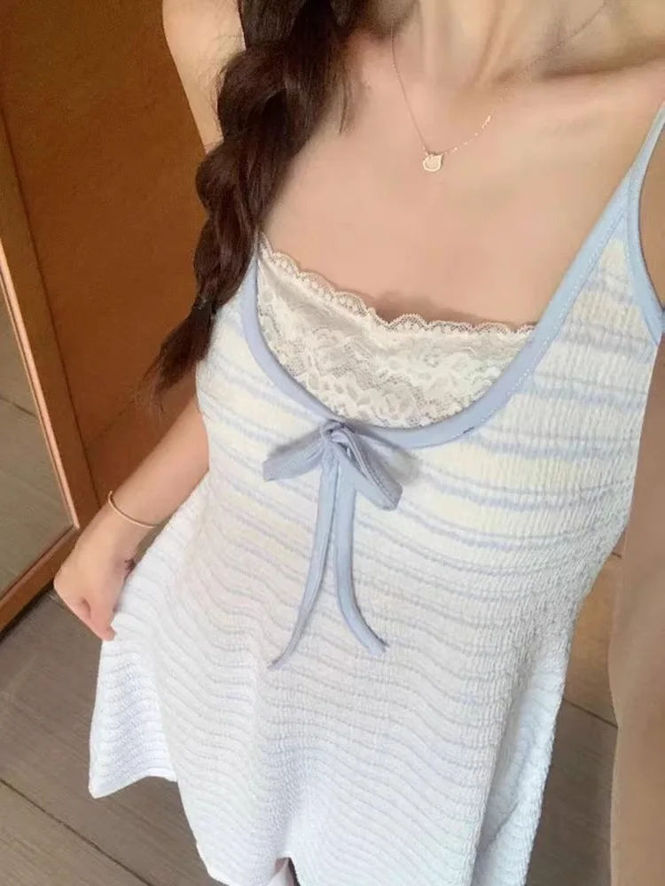 

Синяя полосатая кружевная ночная сорочка для женщин, летняя новинка, сексуальная, в стиле Pure Desire, на бретельках, домашняя одежда, пижама, платье, милый стиль, с принтом